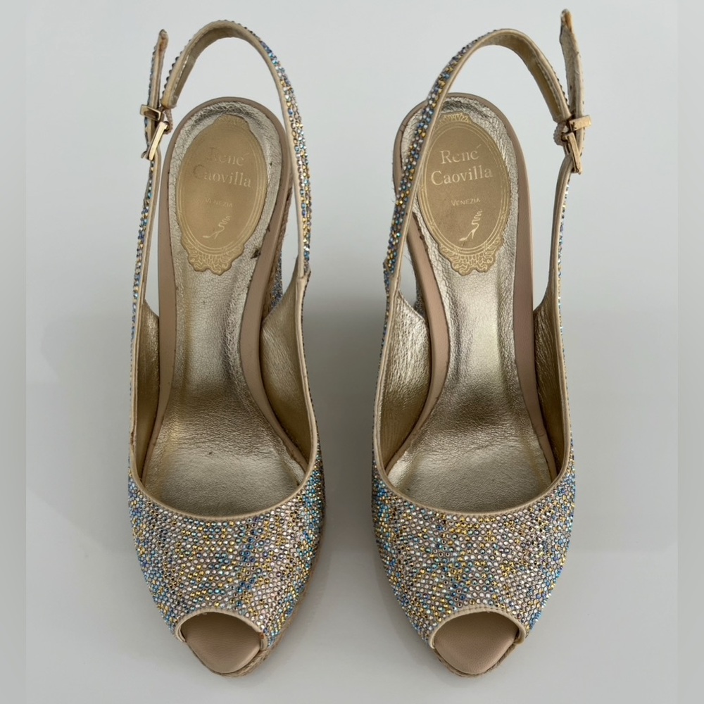 RENE CAOVILLA GOLD MULTI CRYSTAL WEDGE ESPADRILLE  SANDALS SIZE IT 38 / US 8